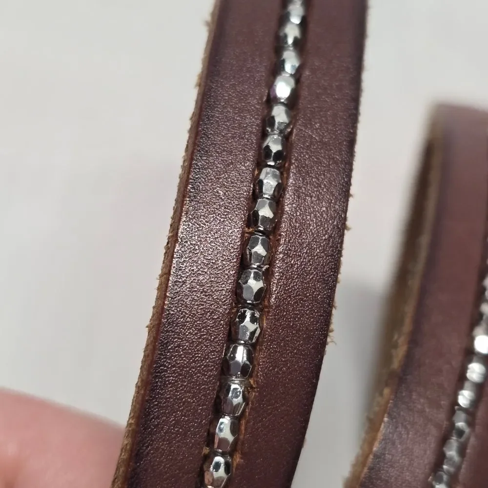 American Eagle Outfitters AEO Brown Genuine Leather Silver Beaded Skinny Belt XS